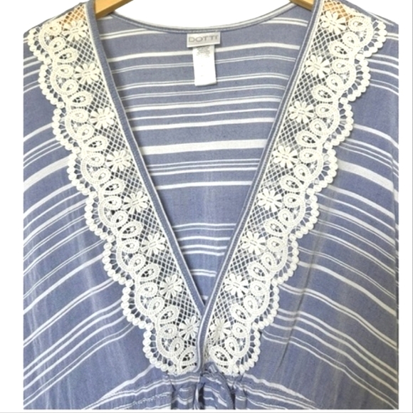 Dotti Tassel Tunic Striped Cover Up Blue White Crocheted Lace Trim Drawstring 1X - Picture 8 of 13